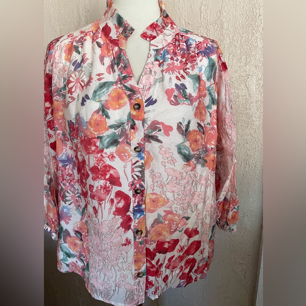 JODIFL Floral Button-Front Blouse in White, Red, Pink, Orange, Green